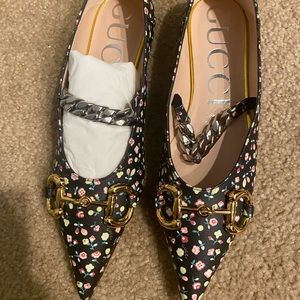 Gucci Black/Floral Horsebit Women's Chain Liberty Floral Ballet Flats